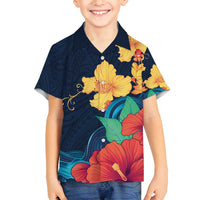 Polynesian Hibiscus Flower Waves Pattern Family Matching Tank Maxi Dress and Hawaiian Shirt
