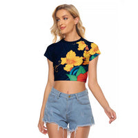 Polynesian Hibiscus Flower Waves Pattern Raglan Cropped T Shirt