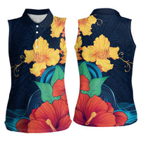 Polynesian Hibiscus Flower Waves Pattern Women Sleeveless Polo Shirt