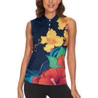 Polynesian Hibiscus Flower Waves Pattern Women Sleeveless Polo Shirt