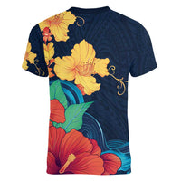 Polynesian Hibiscus Flower Waves Pattern Women V-Neck T-Shirt