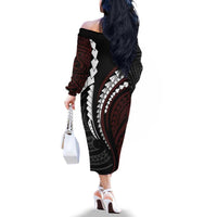Polynesian Oxblood Line Art Tribal Tattoo Family Matching Off The Shoulder Long Sleeve Dress and Hawaiian Shirt LT9 - Polynesian Pride