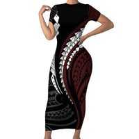 Polynesian Oxblood Line Art Tribal Tattoo Family Matching Short Sleeve Bodycon Dress and Hawaiian Shirt LT9 Mom's Dress Beige - Polynesian Pride