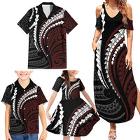 Polynesian Oxblood Line Art Tribal Tattoo Family Matching Summer Maxi Dress and Hawaiian Shirt LT9 - Polynesian Pride