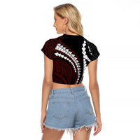 Polynesian Oxblood Line Art Tribal Tattoo Raglan Cropped T Shirt