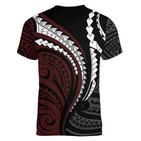 Polynesian Oxblood Line Art Tribal Tattoo Women V-Neck T-Shirt