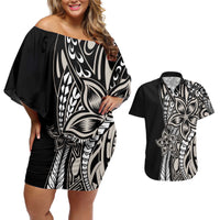 Polynesian Plumeria Floral Tattoo Pattern Couples Matching Off Shoulder Short Dress and Hawaiian Shirt Beige Style