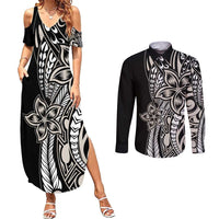 Polynesian Plumeria Floral Tattoo Pattern Couples Matching Summer Maxi Dress and Long Sleeve Button Shirt Beige Style