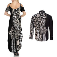 Polynesian Plumeria Floral Tattoo Pattern Couples Matching Summer Maxi Dress and Long Sleeve Button Shirt Beige Style