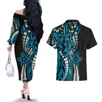 Polynesian Plumeria Floral Tattoo Pattern Couples Matching Off The Shoulder Long Sleeve Dress and Hawaiian Shirt Bllue Style