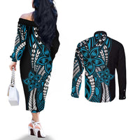 Polynesian Plumeria Floral Tattoo Pattern Couples Matching Off The Shoulder Long Sleeve Dress and Long Sleeve Button Shirt Bllue Style