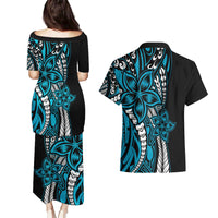 Polynesian Plumeria Floral Tattoo Pattern Couples Matching Puletasi and Hawaiian Shirt Bllue Style