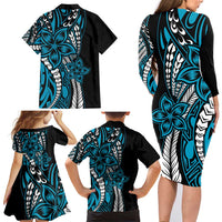 Polynesian Plumeria Floral Tattoo Pattern Family Matching Long Sleeve Bodycon Dress and Hawaiian Shirt Blue Style LT9 - Polynesian Pride