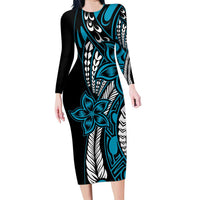 Polynesian Plumeria Floral Tattoo Pattern Family Matching Long Sleeve Bodycon Dress and Hawaiian Shirt Blue Style LT9 Mom's Dress Blue - Polynesian Pride