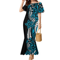 Polynesian Plumeria Floral Tattoo Pattern Family Matching Mermaid Dress and Hawaiian Shirt Blue Style LT9 Mom's Dress Blue - Polynesian Pride