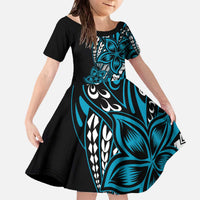 Polynesian Plumeria Floral Tattoo Pattern Family Matching Off The Shoulder Long Sleeve Dress and Hawaiian Shirt Blue Style LT9 Daughter's Dress Blue - Polynesian Pride