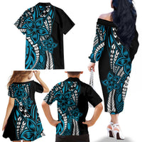 Polynesian Plumeria Floral Tattoo Pattern Family Matching Off The Shoulder Long Sleeve Dress and Hawaiian Shirt Blue Style LT9 - Polynesian Pride