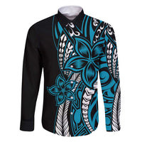 Polynesian Plumeria Floral Tattoo Pattern Family Matching Tank Maxi Dress and Hawaiian Shirt Bllue Style