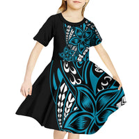 Polynesian Plumeria Floral Tattoo Pattern Kid Short Sleeve Dress Bllue Style