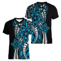 Polynesian Plumeria Floral Tattoo Pattern Women V-Neck T-Shirt Bllue Style