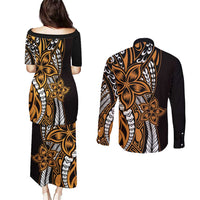 Polynesian Plumeria Floral Tattoo Pattern Couples Matching Puletasi and Long Sleeve Button Shirt Gold Style