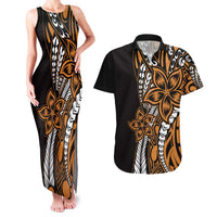 Polynesian Plumeria Floral Tattoo Pattern Couples Matching Tank Maxi Dress and Hawaiian Shirt Gold Style