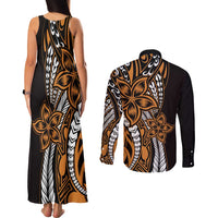 Polynesian Plumeria Floral Tattoo Pattern Couples Matching Tank Maxi Dress and Long Sleeve Button Shirt Gold Style