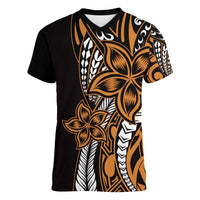 Polynesian Plumeria Floral Tattoo Pattern Women V-Neck T-Shirt Gold Style