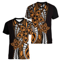 Polynesian Plumeria Floral Tattoo Pattern Women V-Neck T-Shirt Gold Style