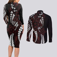 Polynesian Plumeria Floral Tattoo Pattern Couples Matching Long Sleeve Bodycon Dress and Long Sleeve Button Shirt Oxblood Style