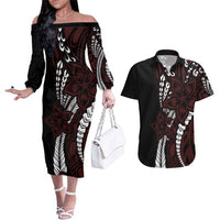 Polynesian Plumeria Floral Tattoo Pattern Couples Matching Off The Shoulder Long Sleeve Dress and Hawaiian Shirt Oxblood Style