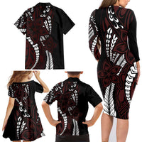 Polynesian Plumeria Floral Tattoo Pattern Family Matching Long Sleeve Bodycon Dress and Hawaiian Shirt Oxblood Style LT9 - Polynesian Pride