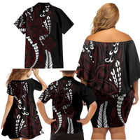 Polynesian Plumeria Floral Tattoo Pattern Family Matching Off Shoulder Short Dress and Hawaiian Shirt Oxblood Style LT9 - Polynesian Pride