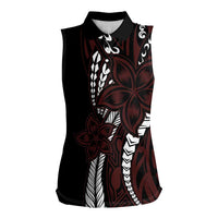 Polynesian Plumeria Floral Tattoo Pattern Women Sleeveless Polo Shirt Oxblood Style