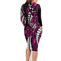 Polynesian Plumeria Floral Tattoo Pattern Family Matching Long Sleeve Bodycon Dress and Hawaiian Shirt Pink Style LT9 - Polynesian Pride