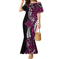 Polynesian Plumeria Floral Tattoo Pattern Family Matching Mermaid Dress and Hawaiian Shirt Pink Style LT9 Mom's Dress Pink - Polynesian Pride