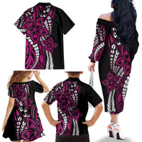 Polynesian Plumeria Floral Tattoo Pattern Family Matching Off The Shoulder Long Sleeve Dress and Hawaiian Shirt Pink Style LT9 - Polynesian Pride