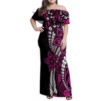 Polynesian Plumeria Floral Tattoo Pattern Family Matching Off Shoulder Maxi Dress and Hawaiian Shirt Pink Style