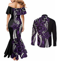 Polynesian Plumeria Floral Tattoo Pattern Couples Matching Mermaid Dress and Long Sleeve Button Shirt Purple Style