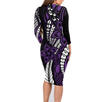 Polynesian Plumeria Floral Tattoo Pattern Family Matching Long Sleeve Bodycon Dress and Hawaiian Shirt Purple Style LT9 - Polynesian Pride