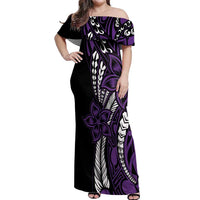 Polynesian Plumeria Floral Tattoo Pattern Off Shoulder Maxi Dress Purple Style
