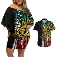 Polynesian Plumeria Floral Tattoo Pattern Couples Matching Off Shoulder Short Dress and Hawaiian Shirt Reggae Style