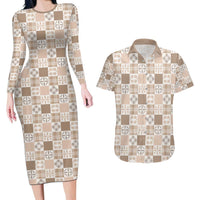Hawaiian Palaka Quilt Pattern Couples Matching Long Sleeve Bodycon Dress and Hawaiian Shirt Hawaii Culture Bird of Paradise Exotic Motif LT9 Beige - Polynesian Pride