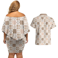 Hawaiian Palaka Quilt Pattern Couples Matching Off Shoulder Short Dress and Hawaiian Shirt Hawaii Culture Bird of Paradise Exotic Motif LT9 - Polynesian Pride