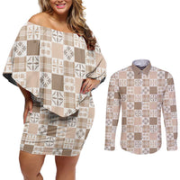 Hawaiian Palaka Quilt Pattern Couples Matching Off Shoulder Short Dress and Long Sleeve Button Shirt Hawaii Culture Bird of Paradise Exotic Motif LT9 Beige - Polynesian Pride