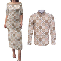 Hawaiian Palaka Quilt Pattern Couples Matching Puletasi and Long Sleeve Button Shirt Hawaii Culture Bird of Paradise Exotic Motif LT9 Beige - Polynesian Pride