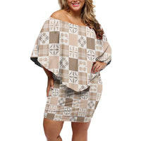 Hawaiian Palaka Quilt Pattern Family Matching Off Shoulder Short Dress and Hawaiian Shirt Hawaii Culture Bird of Paradise Exotic Motif LT9 Mom's Dress Beige - Polynesian Pride