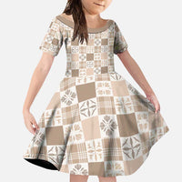 Hawaiian Palaka Quilt Pattern Family Matching Tank Maxi Dress and Hawaiian Shirt Hawaii Culture Bird of Paradise Exotic Motif LT9 Daughter's Dress Beige - Polynesian Pride