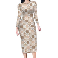 Hawaiian Palaka Quilt Pattern Long Sleeve Bodycon Dress Hawaii Culture Bird of Paradise Exotic Motif LT9 Long Dress Beige - Polynesian Pride