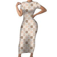 Hawaiian Palaka Quilt Pattern Short Sleeve Bodycon Dress Hawaii Culture Bird of Paradise Exotic Motif LT9 Long Dress Beige - Polynesian Pride